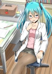 1girls baretto_(karasi07) black_skirt blue_eyes blue_hair books bookshelf breasts desk doctor first_aid_kit glasses hatsune_miku labcoat looking_at_viewer office_chair pantyhose papers pen pencil_skirt pink_shirt shirt sitting_on_chair skirt small_breasts twintails vocaloid voiceroid wooden_floor