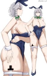 1girls artist_name big_breasts blue_eyes braids breasts bunny_ears bunnysuit cleavage fat_thighs grey_hair heels huge_breasts knife light-skinned_female omikami sakuya_izayoi side_view sideboob silver_hair solo solo_female thick_thighs thighs touhou watermark white_background