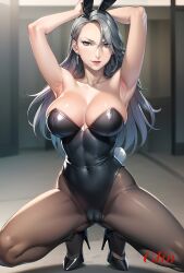 ai_generated alternate_costume atlus breasts bunny_girl bunnysuit cameltoe female grey_hair high_heels lipstick looking_at_viewer nai_diffusion pantyhose persona persona_5 sae_niijima smile stable_diffusion tagme white_skin