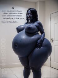 1girls ai_generated asian asian_female ass_expansion belly_expansion big_areola big_ass big_belly big_breasts blue_hair blue_skin blueberry_inflation breast_expansion dialogue expansion hgswells9000 inflation long_hair naked naked_female navel singing small_nipples smile smiling stable_diffusion tagme