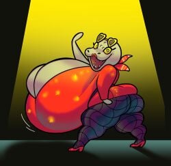 :3d aggressive_retsuko aggretsuko ass big_ass breasts female fishnets heart_glasses high_heels hyper hyper_breasts komodo_dragon motion_lines nondelismell sanrio scalie spotlight thick_thighs tsubone wide_hips