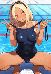 ai_generated barefoot beach belly_button biao-9527 blonde_hair blush boots cameltoe crouching crouching_female dark-skinned_female feet gravity_rush kat_(gravity_rush) looking_at_viewer medium_breasts one-piece_swimsuit red_eyes slim_waist spread_legs swimming_pool swimsuit swimsuit_pull swimsuit_removed tanned_female tanned_skin thick_thighs undressing v_sign wet_body wet_pussy wet_skin wide_hips