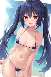 areolae beach bikini black_hair blush breasts cleavage close-up front_view kazuneko_(wktk1024) light-skinned_female long_hair looking_at_viewer neptunia_(series) noire open_mouth outdoors red_eyes solo twintails