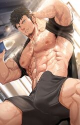 bara big_bulge bulge clothing erection_under_clothes male male_nipples male_only manly mature_male muscular_male nipples nullqllun penis_outline sweat sweating