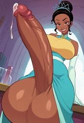 ai_generated big_balls big_breasts big_penis dark-skinned_futanari disney dress dress_lift fiveai_(artist) futanari huge_penis hyper_penis looking_at_viewer penis_bigger_than_body precum smug_grin solo the_princess_and_the_frog tiana