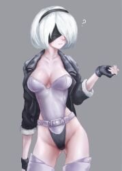 ? absurdres android ass_visible_through_thighs bad_id bad_tumblr_id belt black_blindfold blindfold boots breasts cleavage cosplay covered_eyes female fingerless_gloves ghost_in_the_shell ghost_in_the_shell_stand_alone_complex gloves grey_background highleg highleg_leotard highres jacket kusanagi_motoko kusanagi_motoko_(cosplay) leotard medium_breasts nier:_automata nier_(series) otonaru short_hair sleeves_pushed_up solo standing strapless strapless_leotard thigh_boots thighhighs yorha_2b