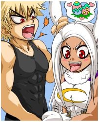 1boy 1girls abs abs_visible_through_clothing black_tank_top blonde_hair blonde_hair_male bunny_ears bunny_girl clothed dark_skin easter_balls easter_eggs female fully_clothed hand_on_ear hero_outfit_(mha) katsuki_bakugou long_hair male milf miruko muscular muscular_female muscular_male my_hero_academia older_woman_and_teenage_boy open_mouth red_eyes rumi_usagiyama tank_top tongue_out very_long_hair white_hair white_hair_female