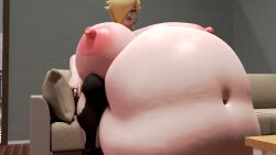 3d 3d_(artwork) black_lipstick black_nails blender blonde_hair blue_eyes couch earrings huge_belly huge_breasts mario_(series) nintendo princess_rosalina ring ripped_pants squidly super_mario_galaxy vore