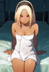 ai_generated aroused aroused_face before_sex biao-9527 blonde_hair blush dark-skinned_female embarrassed embarrassed_female gravity_rush headband kat_(gravity_rush) long_hair red_eyes sitting sitting_on_bed slim_waist tanned tanned_female tanned_skin teenager thick_thighs towel towel_only towel_over_breasts wet wet_body wet_skin