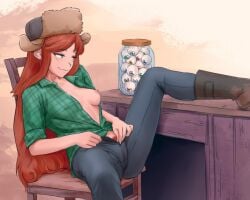 breasts female female_only gravity_falls green_eyes hat iskanderednaksi long_hair medium_breasts nipples pubic_hair red_hair shirt sitting sitting_on_chair smile smug smug_face unbuttoned unbuttoned_shirt wendy_corduroy