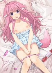 alternate_hairstyle animal_ear blush breasts clothing collarbone covering covering_crotch dog_days dog_ear dog_tail female lying millhiore_f_biscotti on_back open_mouth panties panty_pull pillow pink_hair pink_panties purple_hair pussy_juice pussy_juice_stain remote_control_vibrator solo tail trembling underwear vibrator