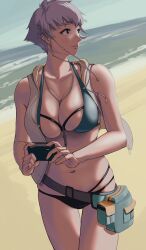 1girls beach bikini bleach bleach_brave_souls camera female_only gray_eyes gray_hair kotetsu_isane large_breasts legs navel ocean sand sea sky swimsuit