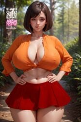 1girls ai_generated aresaiart artist_request big_breasts breasts cleavage female female_only hands_on_hips hanna-barbera hi_res highres large_breasts looking_at_viewer miniskirt navel qr_code scooby-doo skirt solo solo_female thick_thighs velma_dinkley wide_hips