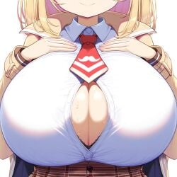 ai_generated ameanon big_breasts blonde_hair bra breasts bulging_breasts bursting_breasts bust button_gap buttoned_shirt center_opening clothed clothed_female exposed_bra front_view hands_on_breasts hands_on_own_chest head_out_of_frame hololive hololive_english hololive_myth huge_breasts lace-trimmed_bra large_breasts long_sleeves necktie neckwear paizuri_invitation partially_unbuttoned red_necktie small_but_busty smile solo sweat sweaty_breasts trenchcoat unbuttoned unbuttoned_shirt upper_body virtual_youtuber vtuber watson_amelia white_shirt