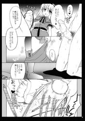 alice_margatroid boots capelet censored comic feet female footjob hairband highres monochrome open_mouth penis pubic_hair sash shigemiya_kyouhei short_hair text thighhighs touhou translation_request