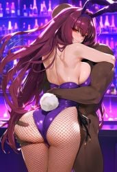 1boy 1girls ai_generated ass ass_focus back back_view bare_arms bare_shoulders big_ass big_breasts big_butt blush bunny_ears bunny_tail bunnysuit color dark-skinned_male dark_skin fate_(series) female fishnets geo-san grabbing_ass hand_on_butt hi_res interracial large_breasts light-skinned_female light_skin long_hair male male/female purple_hair red_eyes scathach_(fate) tagme thick_thighs