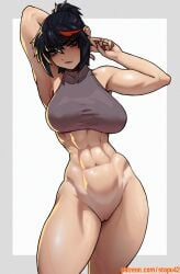 abdomen abs alternate_hairstyle armpit arms_behind_head arms_up bare_shoulders belly belly_button black_hair bottomless dark_hair female_only fit fit_female hips kill_la_kill matoi_ryuuko medium_breasts midriff mostly_nude navel nipples_visible_through_bra no_pubic_hair patreon_username simple_background small_waist sports_bra stopu striped_hair sweat sweating sweaty sweaty_body tomboy toned toned_belly toned_female toned_stomach topwear topwear_only vagina