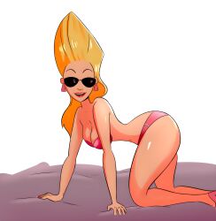 1girl ass blonde_female blonde_hair cartoon_network color gender_transformation genderswap_(mtf) jenny_bravo johnny_bravo_(series) lipstick rule_63 smiling_at_viewer sunbathing sunglasses swimsuit themightfenek tinted_eyewear