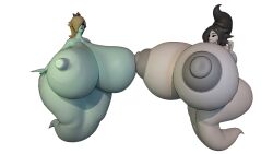 2girls 3d 3d_(artwork) bad_anatomy black_eyes black_hair black_nails blender blonde_hair blue_eyes breasts_bigger_than_body crown ghost ghost_girl grey_nipples huge_ass huge_breasts huge_nipples light_blue_lipstick mario_(series) nintendo nude_female princess_rosalina spooki_(guacamolemuffler) spooki_(squidly) squidly super_mario_galaxy white_background white_skin