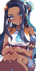 black_hair blue_eyes blue_eyeshadow blue_hair blush breasts closed_mouth dark-skinned_female dark_skin earrings embarrassed eyeshadow female highres hoop_earrings jewelry kawasaki_(kwsk_8765) large_breasts long_hair looking_at_viewer makeup multicolored_hair nessa_(pokemon) pokemon pokemon_swsh sitting solo