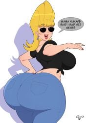 ass back_boob back_view big_ass black_shirt blonde_female blonde_hair cartoon_network curvy_figure gender_transformation genderswap_(mtf) huge_ass jenny_bravo johnny_bravo_(series) looking_at_viewer pawg rule_63 sunglasses tinted_eyewear truewaifu