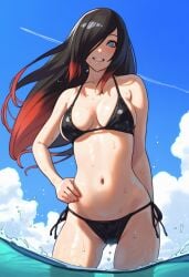 1girls ai_generated beach belly_button biao-9527 bikini black_hair blue_eyes blush gravity_rush hair_over_one_eye in_water looking_at_viewer medium_breasts raven_(gravity_rush) seaside slim_waist swimsuit thick_thighs viewed_from_below water wet_body wet_pussy wet_skin wide_hips