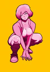 1girls big_breasts flashing_breasts gwen_poole gwenpool kneeling looking_at_viewer marvel simple_background solo_female solo_focus