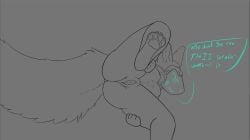 anthro breasts english_text female fluffy fluffy_tail genitals hands_on_legs hands_on_thighs joorff_draws joorffie_(joorff_draws) looking_at_viewer lying machine on_side pawpads paws protogen solo speech_bubble spread_legs spreading tail text under_boob