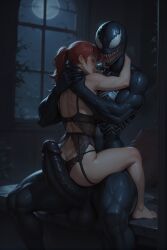 2girls ai_generated athletic_female athletic_futanari futanari human lingerie marvel marvel_comics mary_jane_watson muscular nightmare_waifu partially_clothed red_hair santarvengar she-venom sitting_on_lap spider-man_(series) stable_diffusion