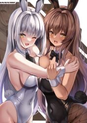 2girls blanc_(nikke) blush breast_press breasts brown_hair bunny_ears bunnysuit cleavage dark-skinned_female dark_skin female_only goddess_of_victory:_nikke large_breasts light-skinned_female light_skin long_hair noir_(nikke) one_eye_closed open_mouth orange_eyes pantyhose sisters white_hair yellow_eyes