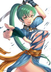 1girls ass bare_thighs big_ass breasts breasts_out earrings exposed_breasts female female_only fingerless_gloves fire_emblem fire_emblem:_the_blazing_blade gloves green_eyes green_hair long_hair looking_at_viewer lyn_(fire_emblem) medium_breasts nintendo nipples open_mouth pelvic_curtain pixie_(pixieinktvis) pointing pointing_at_viewer ponytail reaching_out reaching_towards_viewer short_sleeves smile solo sword thighs torn_clothes unaware very_long_hair weapon white_background