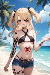 ai_generated bar_code blonde_hair body_writing degradation eye_patch fischl_(genshin_impact) genshin_impact petite queen_of_spades short_shorts small_breasts small_waist