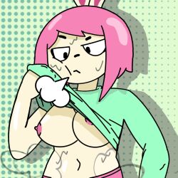 artist_request bunny_girl minty no_bra pink_hair steam sweating tiktoker wiping_sweat wiping_with_shirt