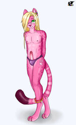 2011 anklet anthro blonde_hair crossdressing cute eliana-asato feline femboy fur furry glasses green_eyes half_nude jewelry leopard male penis pink_fur ray solo