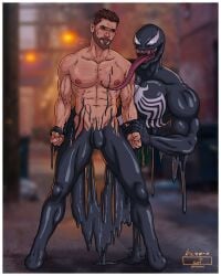 2boys abs bara big_muscles black_goo bulge dark_alley eddie_brock facial_hair gay gay_male goo holding_hands human kazz-e_art licking licking_pecs liquid male male_only marvel monster muscular muscular_male nude nude_male overpowering pecs pectorals spider-man_(series) superhero teeth tom_hardy tongue tongue_out veiny_muscles venom_(2018) venom_(marvel) yaoi