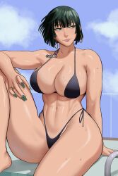 1girls abs artist_signature asian asian_female bikini breasts busty cleavage curvy earrings fat_breasts fubuki_(one-punch_man) good_artwork green_eyes green_hair green_nails gud0c hoop_earrings japanese large_breasts light-skinned_female light_skin micro_bikini muscular_female one-punch_man painted_fingernails painted_nails six_pack swimsuit thick_thighs thighs thong wet