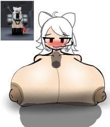 1girls areolae bizzarekatze blush breasts cat_ears censored_penis female_focus headphones huge_breasts nipples paizuri pale_skin reference_image roblox roblox_avatar robloxian simple_background source_request tagme titjob white_hair