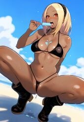 ai_generated beach belly_button biao-9527 bikini blonde_hair blush boots crouching crouching_female dark-skinned_female gravity_rush ice_cream ice_cream_on_breasts kat_(gravity_rush) licking looking_at_viewer medium_breasts red_eyes seaside slim_waist spread_legs swimsuit tanned_female tanned_skin thick_thighs wet_body wet_pussy wet_skin wide_hips