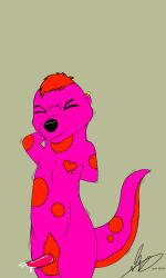 anthro bodily_fluids cum ear_piercing ejaculation femboy food fruit genital_fluids genitals hi_res jonytheyiff male male/male mammal markings mustelid otter penis piercing pink_body plant raspberry solo spots spotted_markings stretching tapering_penis