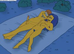 animated breasts color female handjob homer_simpson human lying male marge_simpson night nipples nude on_back outdoors penis straight tagme testicles the_simpsons