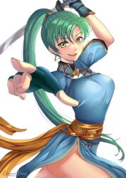 1girls ass bare_thighs big_ass breasts earrings female female_only fingerless_gloves fire_emblem fire_emblem:_the_blazing_blade gloves green_eyes green_hair long_hair looking_at_viewer lyn_(fire_emblem) medium_breasts nintendo open_mouth pelvic_curtain pixie_(pixieinktvis) pointing pointing_at_viewer ponytail reaching_out reaching_towards_viewer short_sleeves smile solo sword thighs very_long_hair weapon white_background