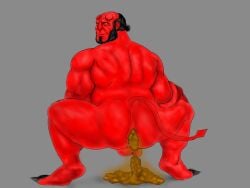 1boy balls bara black_hair bracelet buff cloven_feet defecating digital_drawing_(artwork) fart_cloud feces grey_background muscular muscular_male red_skin scat shaved shitpile shitting side_look smiling_at_viewer solo squatting tagme tied_hair yaoi yellow_eyes