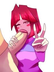 bete_noire betty_noire brown_hair female glitchtale huge_cock pink_shirt purple_shirt red_hair sucking_penis yazu_(artist) yazu_arts z!betty zixy