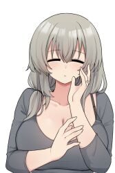 1girls bra_strap breasts cleavage closed_eyes collarbone facing_viewer grey_hair grey_shirt hair_over_shoulder hi_res huge_breasts jewelry jorin large_breasts looking_at_viewer mature_female milf open_mouth ring shirt simple_background solo upper_body uzaki-chan_wa_asobitai! uzaki_tsuki wedding_ring white_background