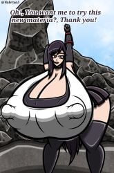 areola_bulge black_hair clothed dialogue final_fantasy final_fantasy_vii huge_breasts huge_nipples hyper hyper_breasts stretching tifa_lockhart valerya5