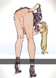 1boy ass bent_over blonde_hair blue_eyes blush eli_(simpbot2k) exhibitionism femboy fishnet_pantyhose fishnets flashing flashing_penis flat_chest hand_on_hip high_heels long_hair looking_at_viewer male_only nail_polish oc penis phone red_lipstick ripped_clothing selfie simpbot2k smile solo solo_focus testicles thighs tucked_penis