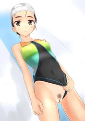 black_eyes black_hair censor_bar censored clitoris competition_swimsuit copyright_request female flat_chest highres one-piece_swimsuit pointless_censoring pubic_hair pussy solo source_request swim_cap swimsuit swimsuit_aside takafumi tan tanline