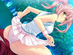 ass blush breasts buttjob clothed_male cowgirl_position dutch_angle erection erection_under_clothes female fence game_cg looking_back male marushin_(denwa0214) open_mouth panties pink_hair pink_panties red_pants red_shirt shirato_usagi short_hair sitting sitting_on_person skirt skirt_lift smile sportswear supokon!_sports_wear_complex tennis_court tennis_uniform thin_arms thin_waist tied_hair track_jacket track_pants tree tsuji_tatsuya twintails underwear white_shirt wristband yellow_eyes