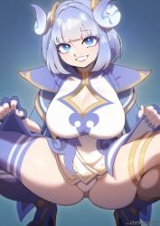 big_ass big_breasts big_butt big_thighs blue_eyes blue_hair blue_nails clothed high_heel_boots high_heels horn horns irelia_xan league_of_legends legs legs_spread lipstick looking_at_viewer lunar_new_year lunar_revel_series panties pink_lipstick porcelain_irelia strongbana thick thick_ass thick_thighs thighhighs thighs tights white_hair