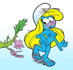 1girls big_breasts blonde_hair blue_skin blush breasts female hanna-barbera herny long_hair naked nipples pussy sandals smurfette solo tagme the_smurfs wardrobe_malfunction